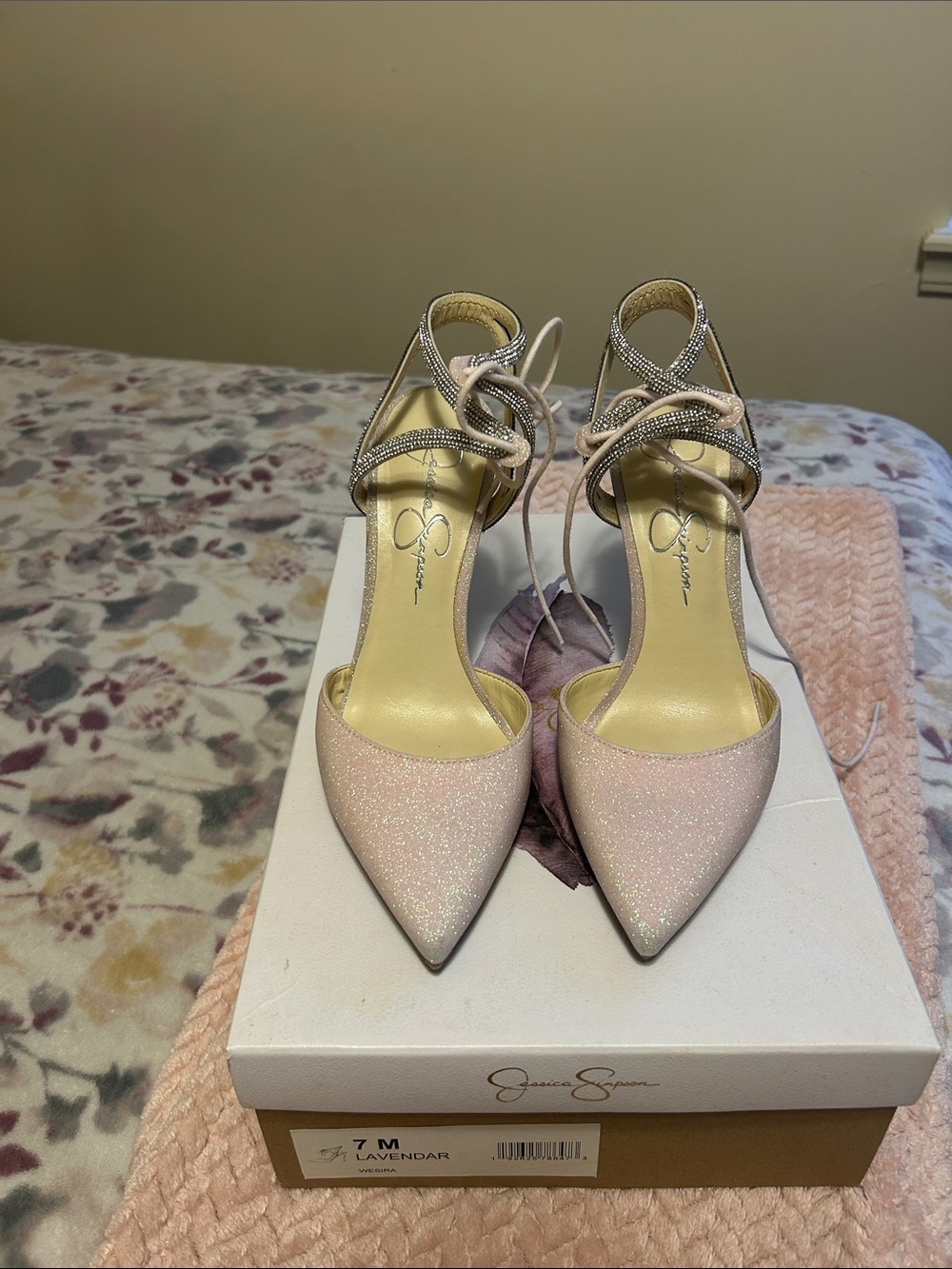 Jessica Simpson Sparkling Lavender-Pink Pointed Toe Ankle Strap Heels